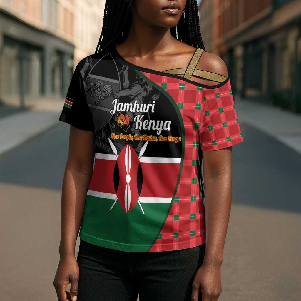 Kenya Jamhuri Day Cross Shoulder Shirt One People One Nation Massai Shuka Pattern