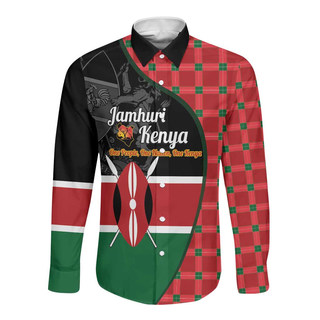 Afro Jamhuri ya Kenya Long Sleeve Button Shirt One People One Nation Massai Shuka Pattern - African Pride
