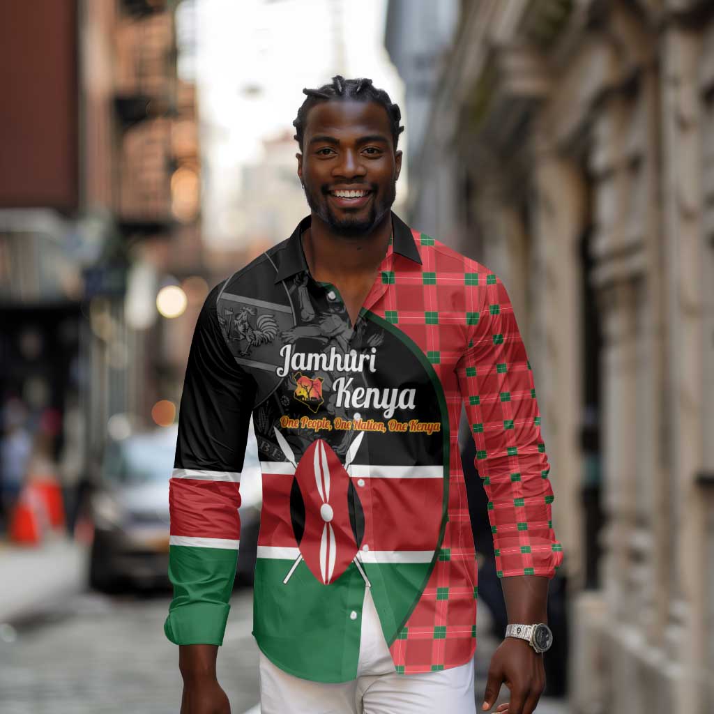 Afro Jamhuri ya Kenya Long Sleeve Button Shirt One People One Nation Massai Shuka Pattern - African Pride