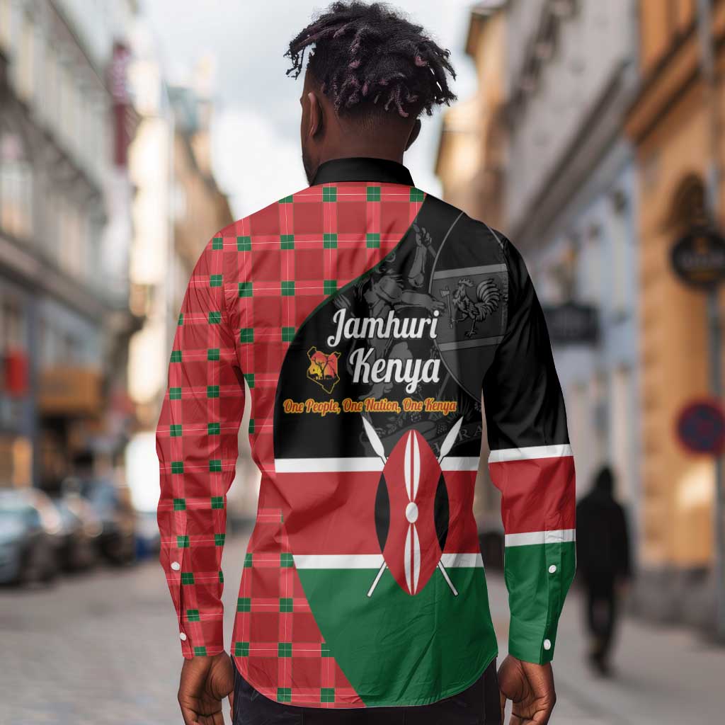 Afro Jamhuri ya Kenya Long Sleeve Button Shirt One People One Nation Massai Shuka Pattern - African Pride