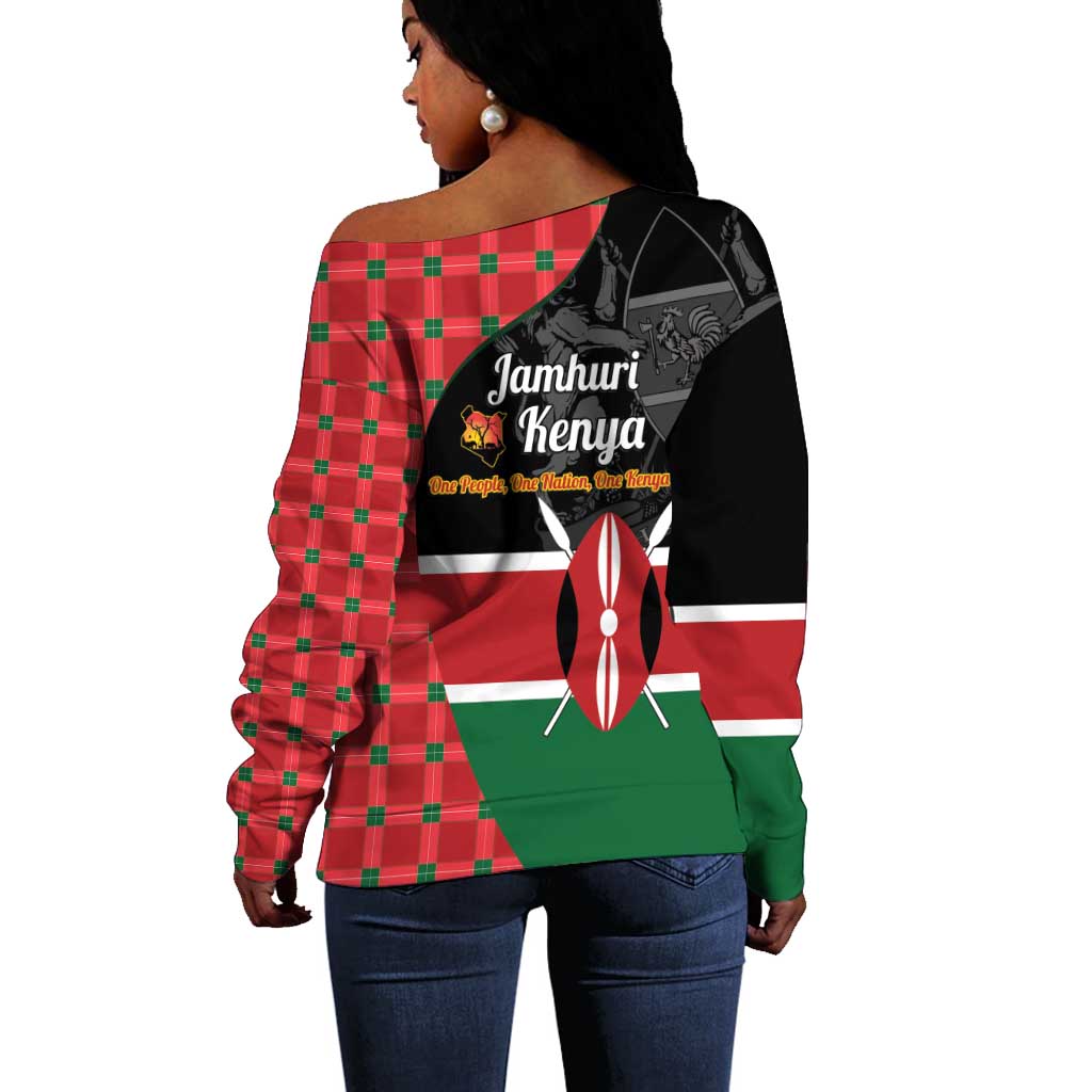 Afro Jamhuri ya Kenya Off Shoulder Sweater One People One Nation Massai Shuka Pattern - African Pride