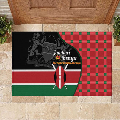 Afro Jamhuri ya Kenya Rubber Doormat One People One Nation Massai Shuka Pattern - African Pride
