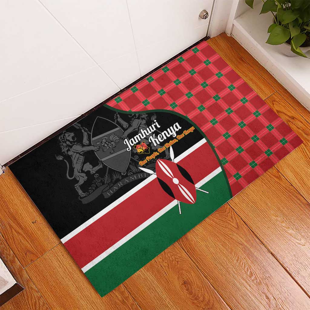 Afro Jamhuri ya Kenya Rubber Doormat One People One Nation Massai Shuka Pattern - African Pride
