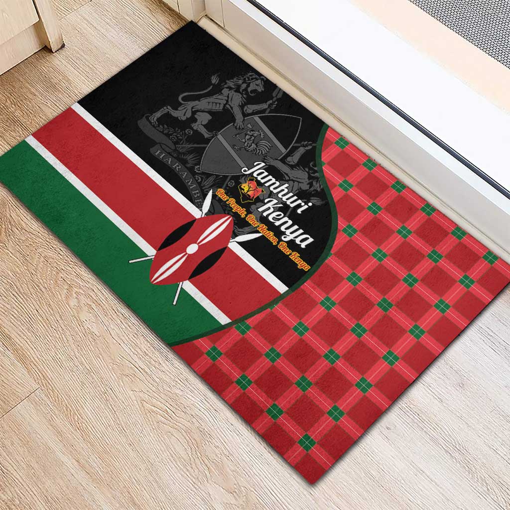 Afro Jamhuri ya Kenya Rubber Doormat One People One Nation Massai Shuka Pattern - African Pride