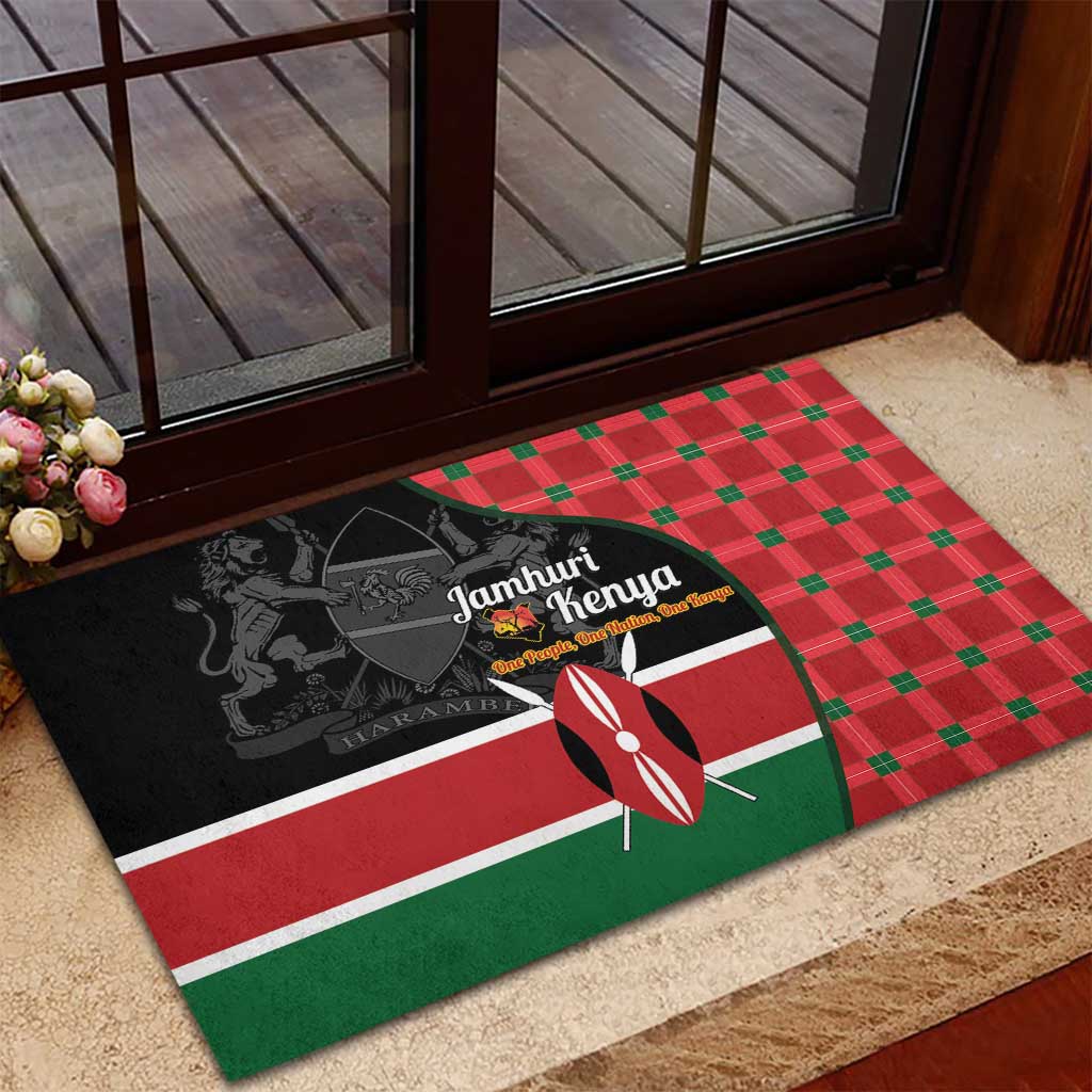 Afro Jamhuri ya Kenya Rubber Doormat One People One Nation Massai Shuka Pattern - African Pride