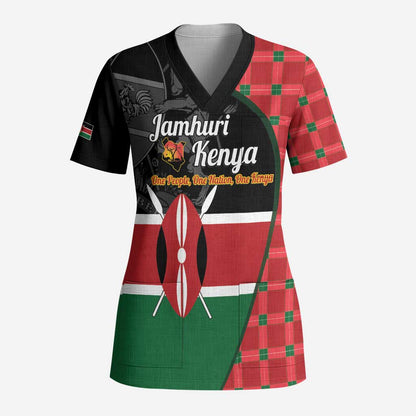 Afro Jamhuri ya Kenya Scrub Top One People One Nation Massai Shuka Pattern - African Pride