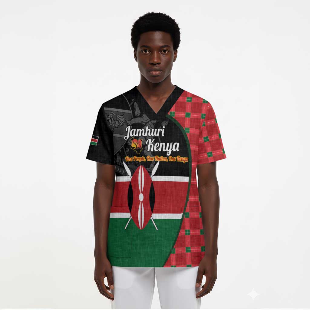 Afro Jamhuri ya Kenya Scrub Top One People One Nation Massai Shuka Pattern - African Pride