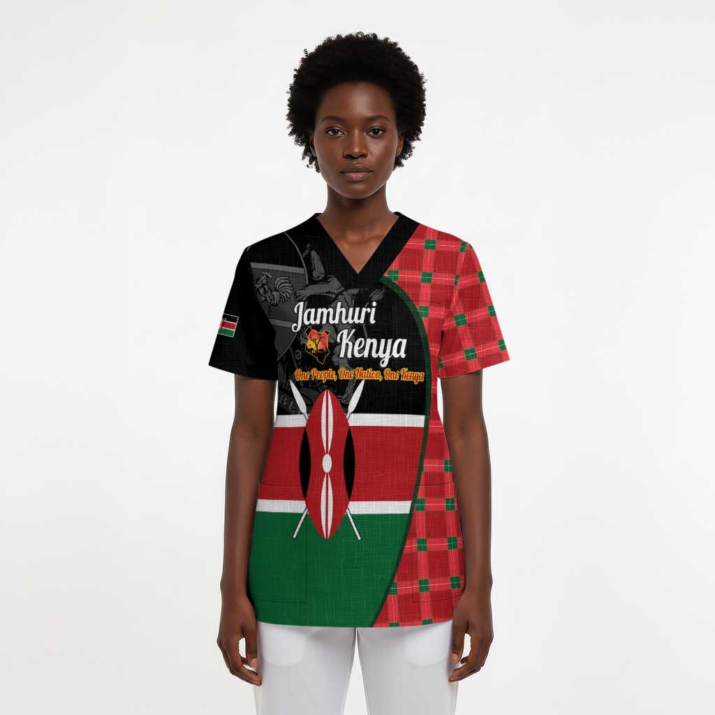 Afro Jamhuri ya Kenya Scrub Top One People One Nation Massai Shuka Pattern - African Pride