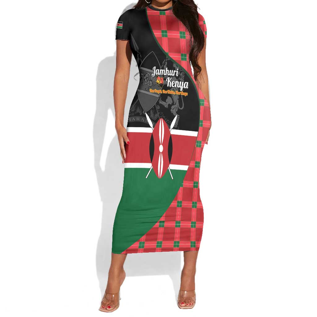 Afro Jamhuri ya Kenya Short Sleeve Bodycon Dress One People One Nation Massai Shuka Pattern LT14