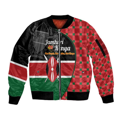 Afro Jamhuri ya Kenya Sleeve Zip Bomber Jacket One People One Nation Massai Shuka Pattern - African Pride
