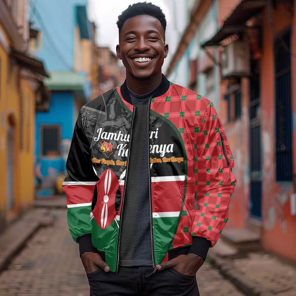 Afro Jamhuri ya Kenya Sleeve Zip Bomber Jacket One People One Nation Massai Shuka Pattern - African Pride