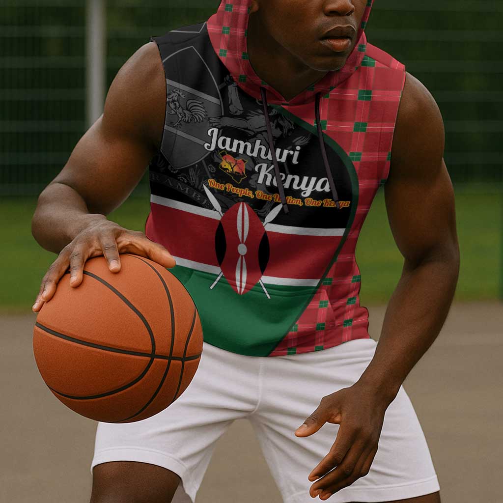 Afro Jamhuri ya Kenya Sleeveless Hoodie One People One Nation Massai Shuka Pattern - African Pride