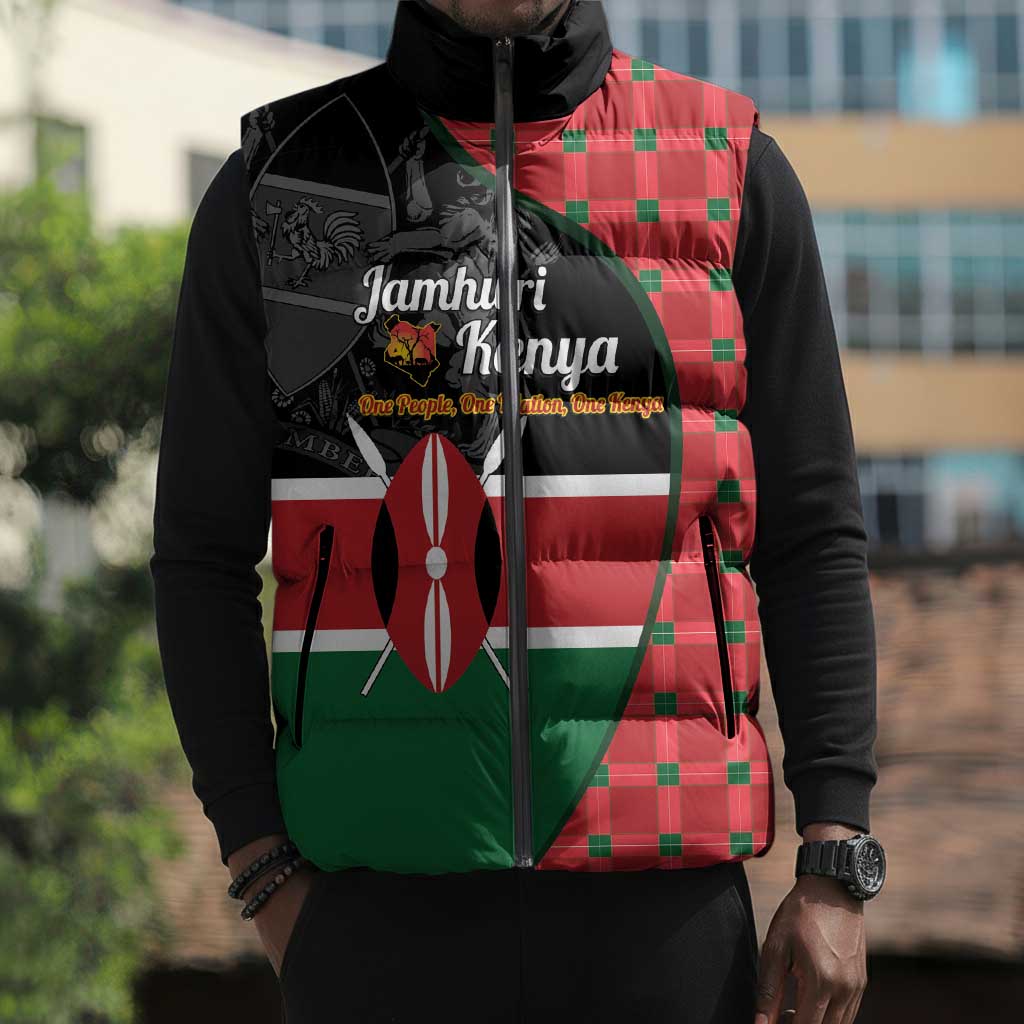 Kenya Jamhuri Day Sleeveless Puffer Jacket One People One Nation Massai Shuka Pattern