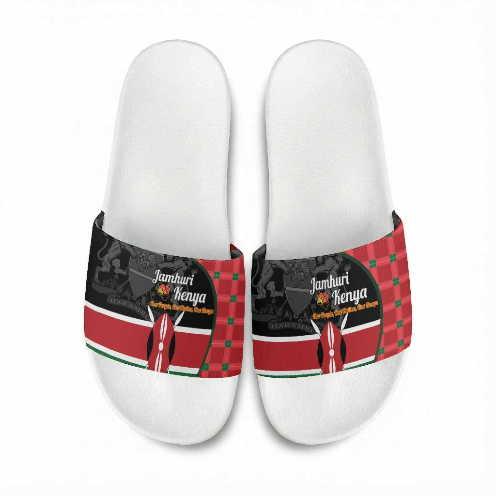 Kenya Jamhuri Day Slide Sandals One People One Nation Massai Shuka Pattern
