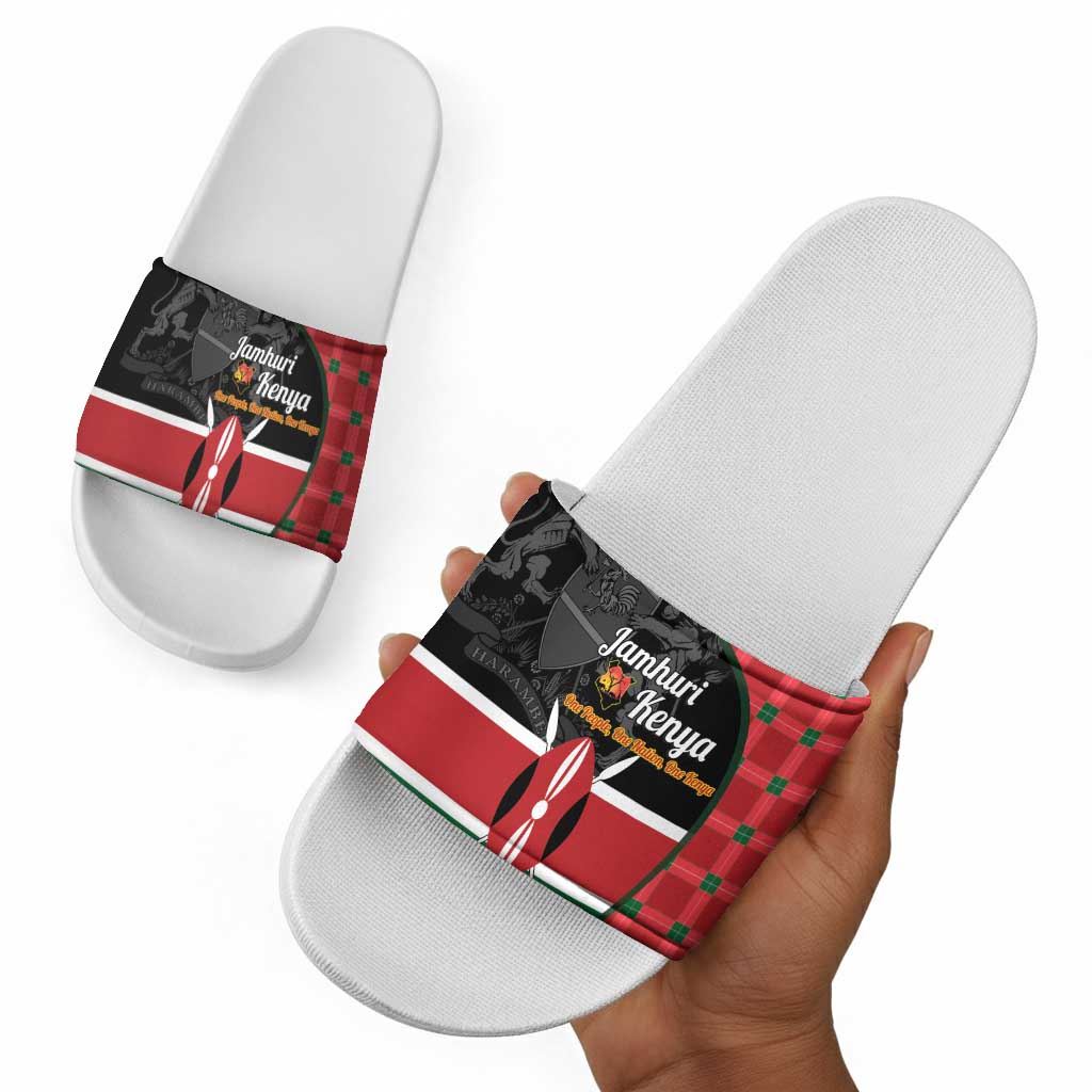 Kenya Jamhuri Day Slide Sandals One People One Nation Massai Shuka Pattern