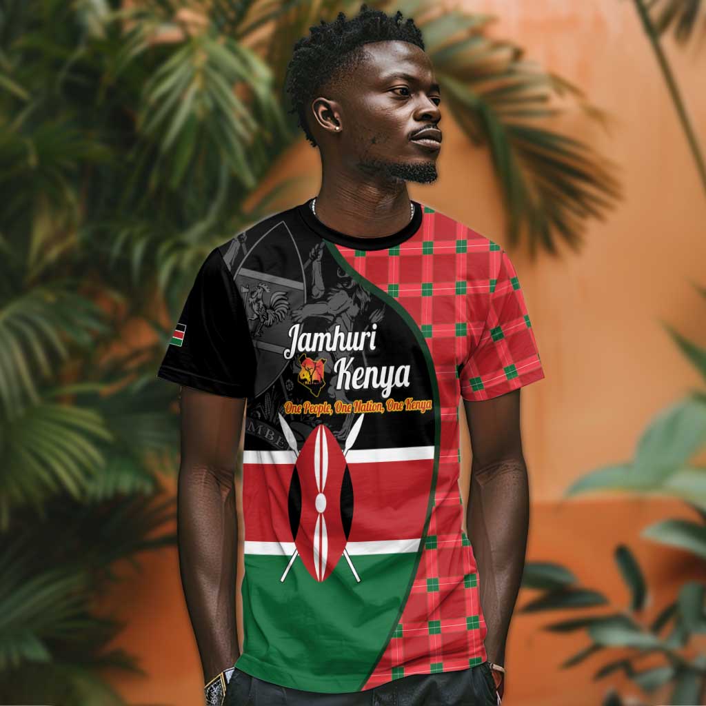 Afro Jamhuri ya Kenya T shirt One People One Nation Massai Shuka Pattern LT14