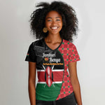 Afro Jamhuri ya Kenya Women V-Neck T-Shirt One People One Nation Massai Shuka Pattern LT14