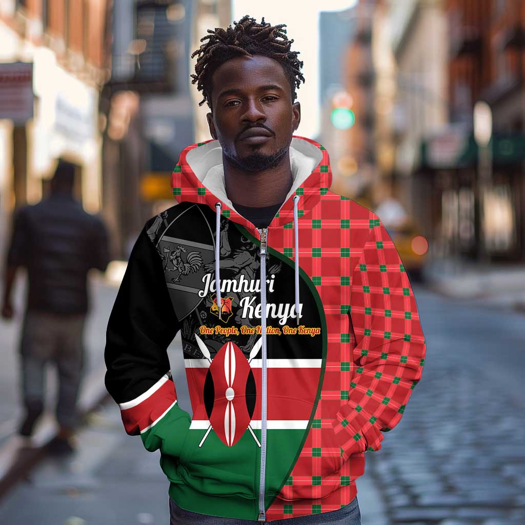 Afro Jamhuri ya Kenya Zip Hoodie One People One Nation Massai Shuka Pattern - African Pride