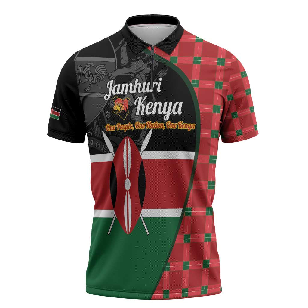 Kenya Jamhuri Day Zipper Polo Shirt One People One Nation Massai Shuka Pattern