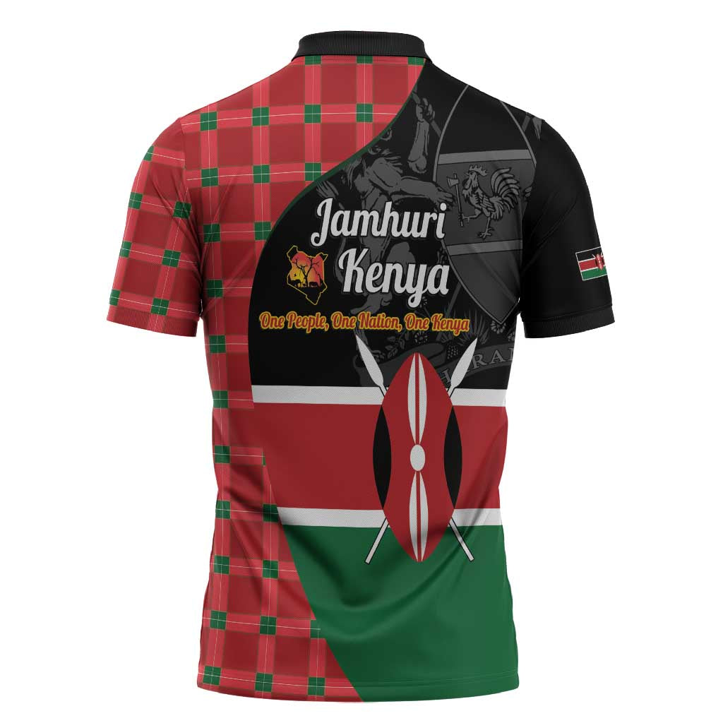 Kenya Jamhuri Day Zipper Polo Shirt One People One Nation Massai Shuka Pattern