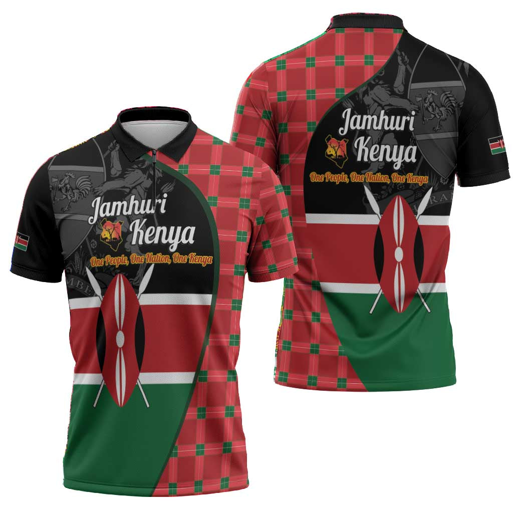 Kenya Jamhuri Day Zipper Polo Shirt One People One Nation Massai Shuka Pattern