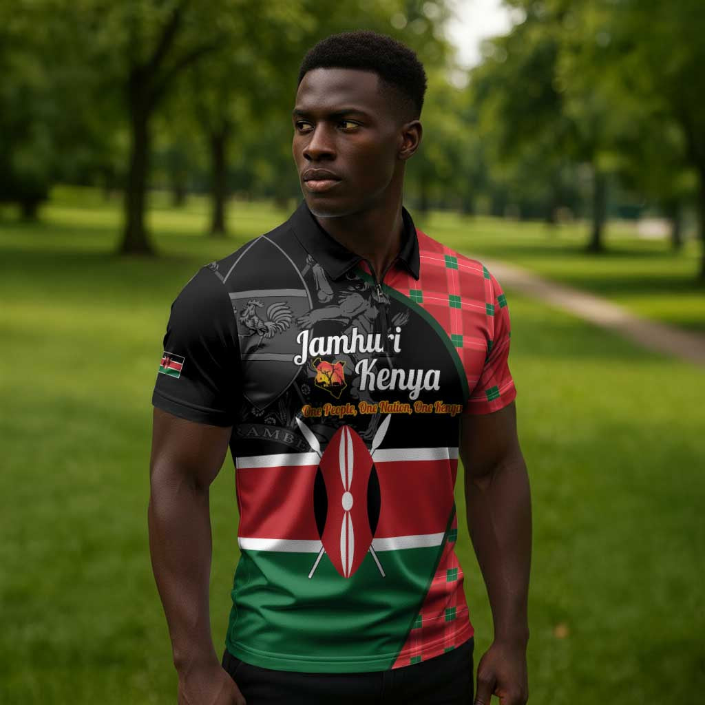 Kenya Jamhuri Day Zipper Polo Shirt One People One Nation Massai Shuka Pattern