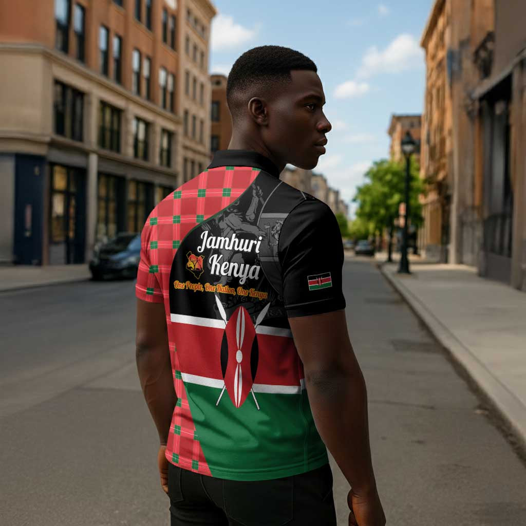 Kenya Jamhuri Day Zipper Polo Shirt One People One Nation Massai Shuka Pattern