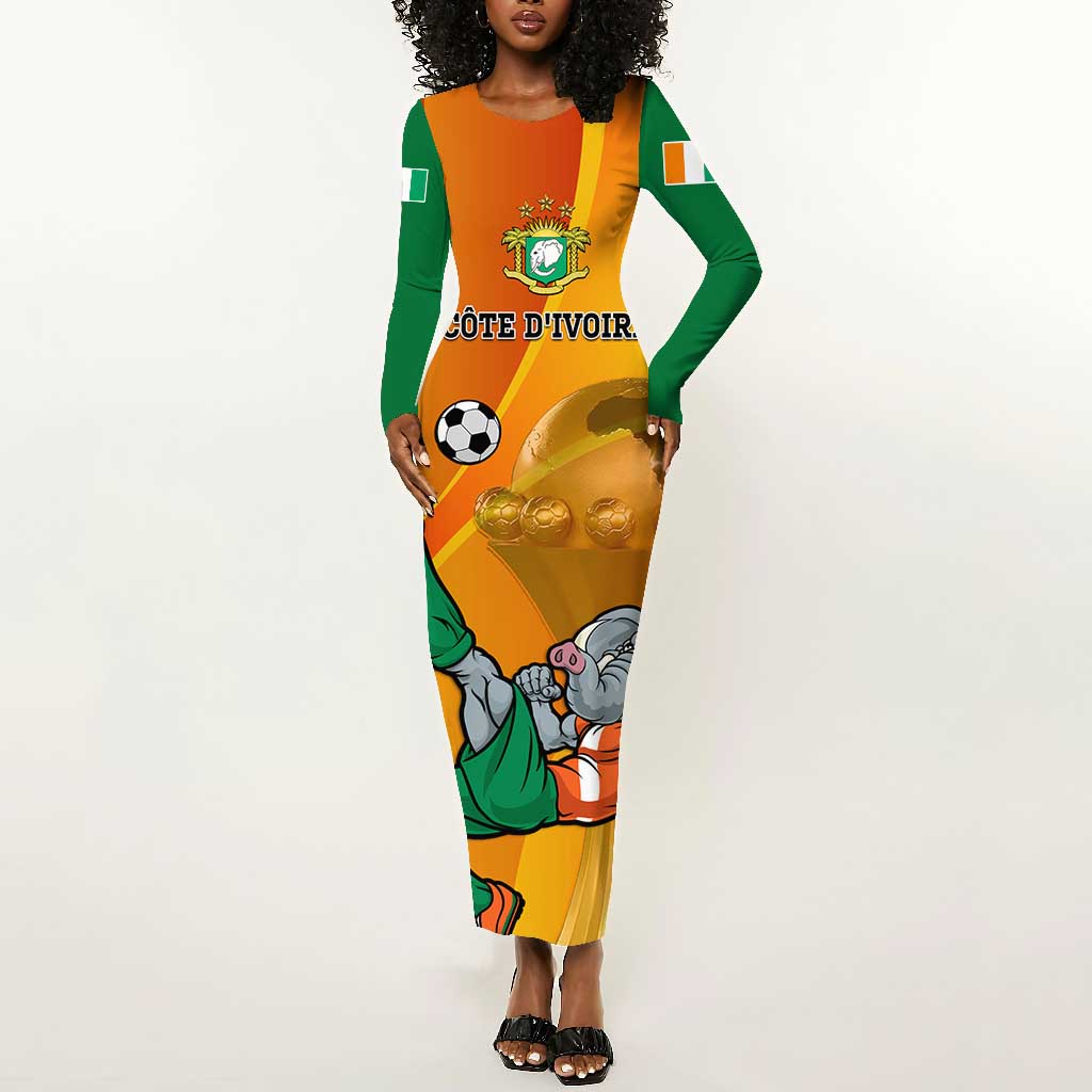 Custom Ivory Coast Football Long Sleeve Bodycon Dress 2024 Mascot With Champions Trophy