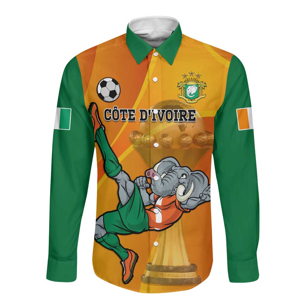 Custom Ivory Coast Football Long Sleeve Button Shirt 2024 Mascot With Champions Trophy