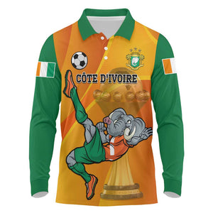 Custom Ivory Coast Football Long Sleeve Polo Shirt 2024 Mascot With Champions Trophy