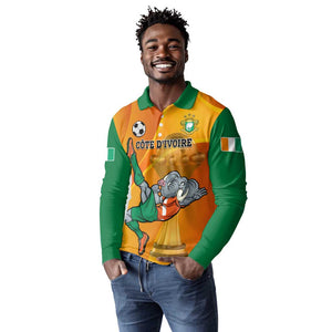 Custom Ivory Coast Football Long Sleeve Polo Shirt 2024 Mascot With Champions Trophy