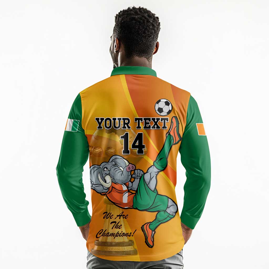 Custom Ivory Coast Football Long Sleeve Polo Shirt 2024 Mascot With Champions Trophy