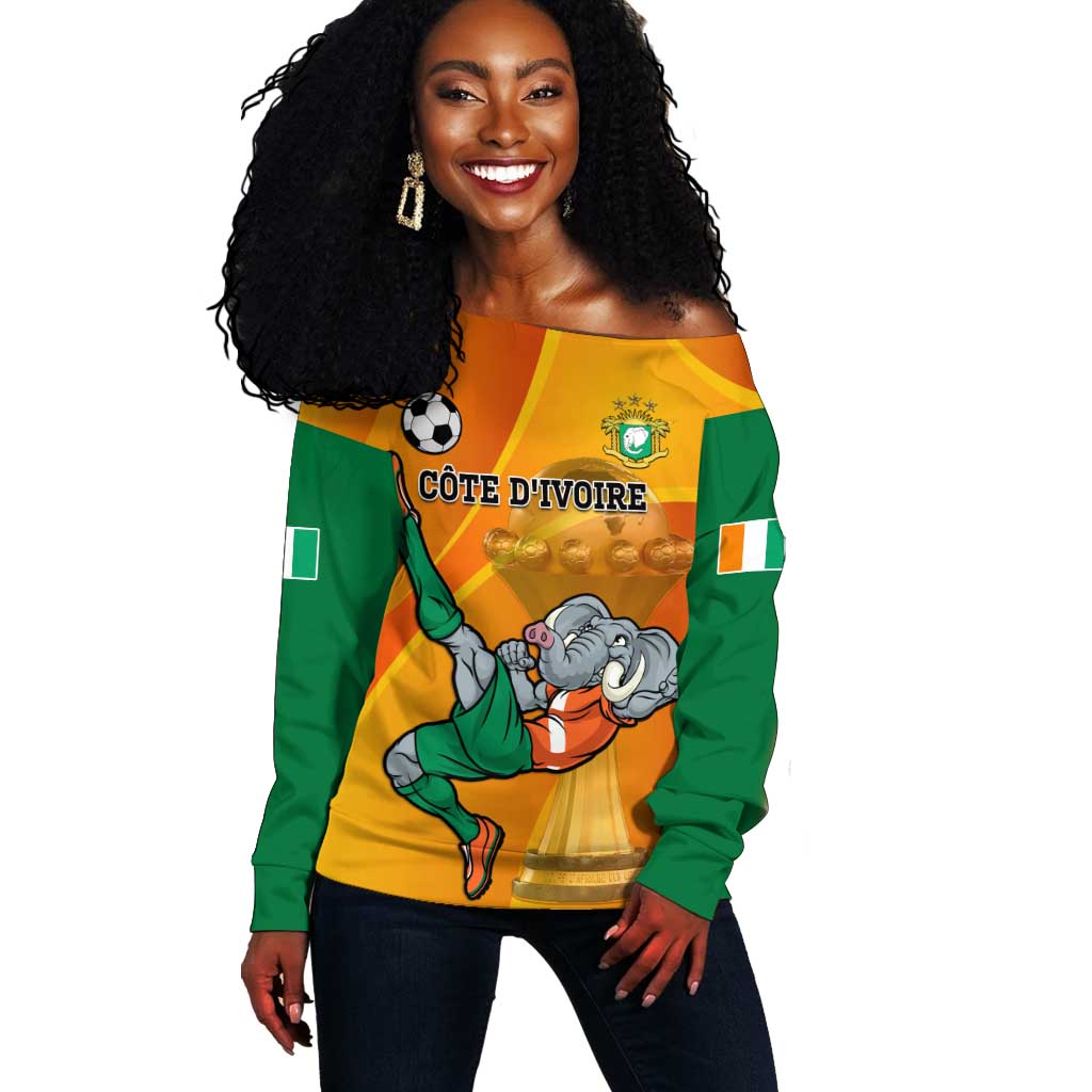 Custom Ivory Coast Football Off Shoulder Sweater 2024 Mascot With Champions Trophy