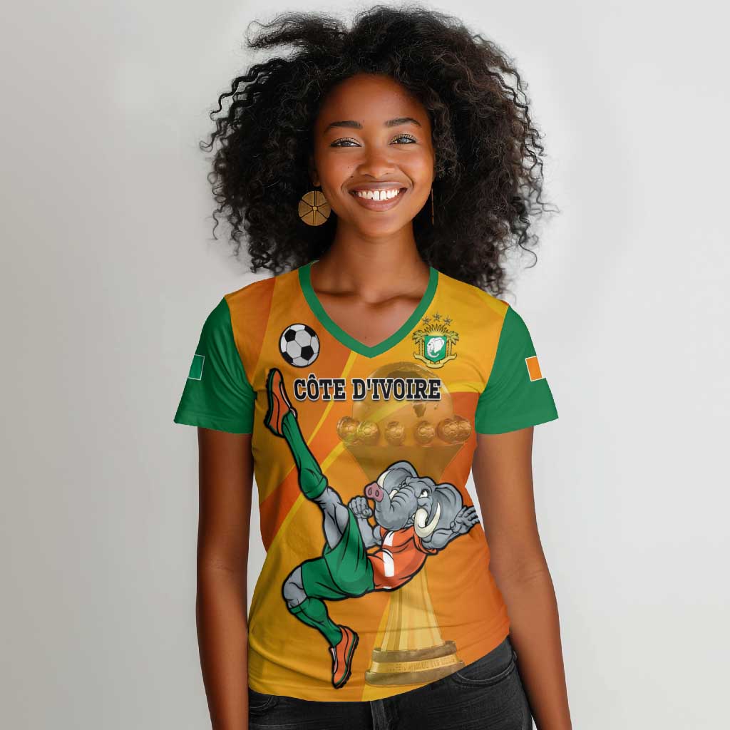 Custom Ivory Coast Football Women V-Neck T-Shirt 2024 Mascot With Champions Trophy