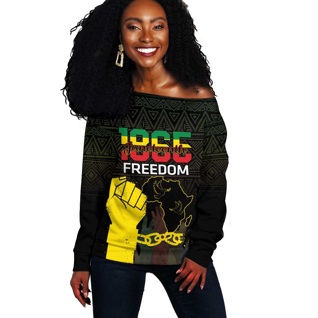 Juneteenth Freedom Day Off Shoulder Sweater 1865 Black Independence African Pattern