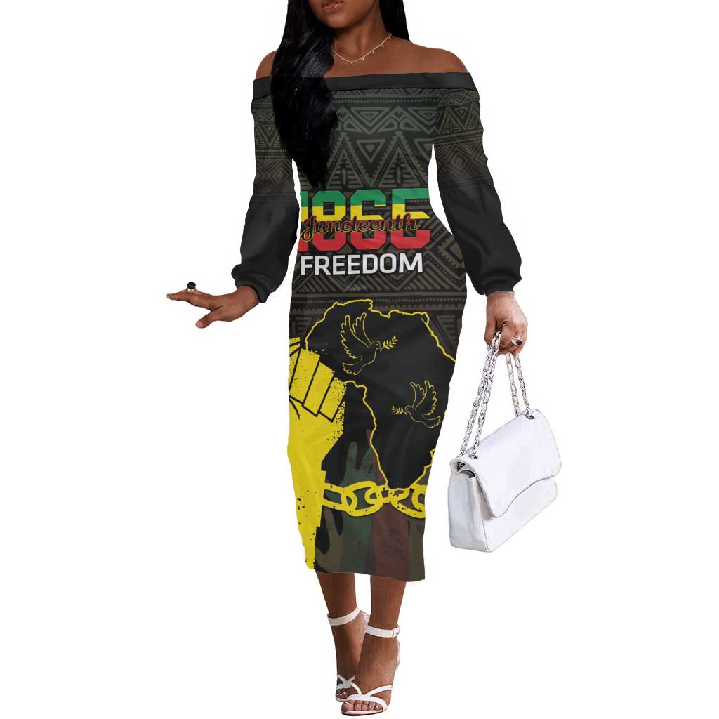 Juneteenth Freedom Day Off The Shoulder Long Sleeve Dress 1865 Black Independence African Pattern