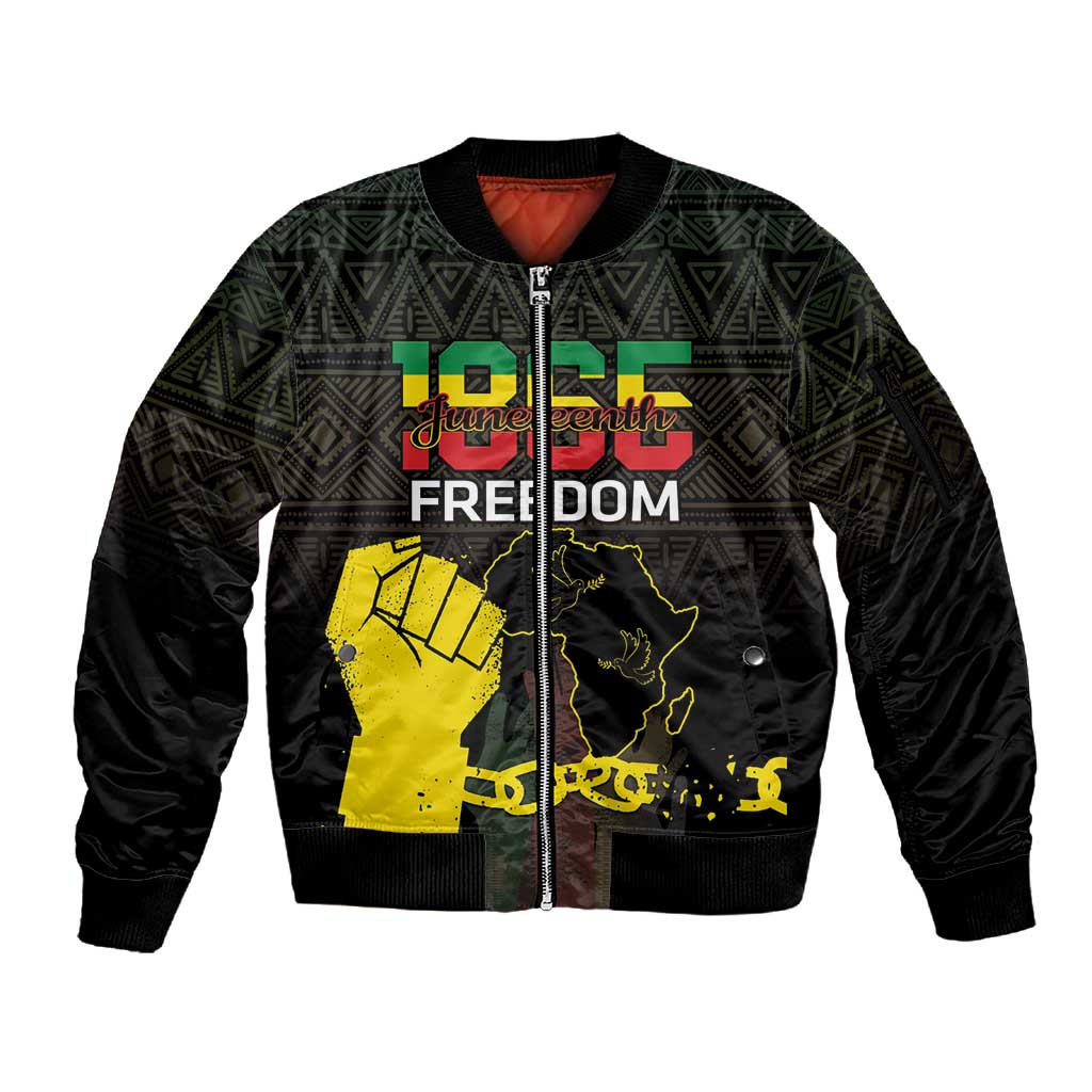 Juneteenth Freedom Day Sleeve Zip Bomber Jacket 1865 Black Independence African Pattern