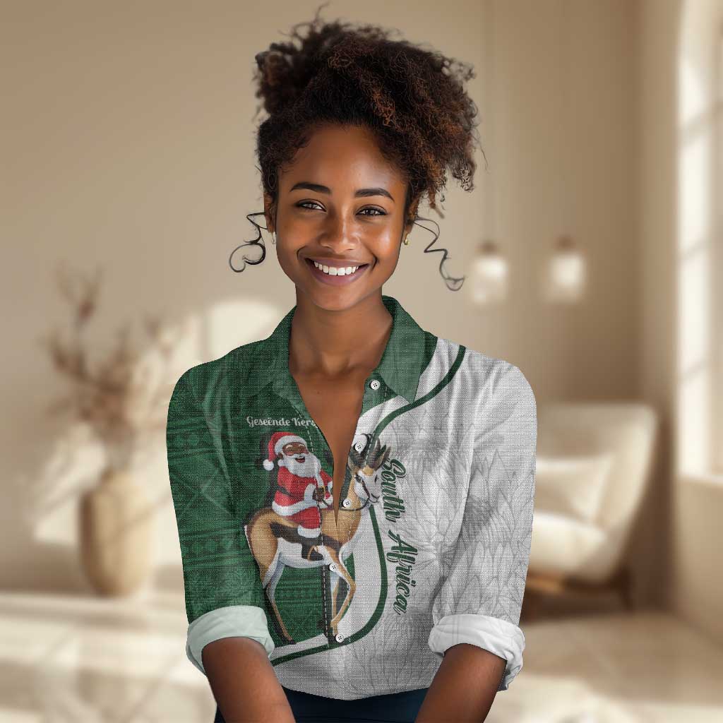 South Africa Christmas In July Women Casual Shirt Geseende Kersfees Springbok Black Santa