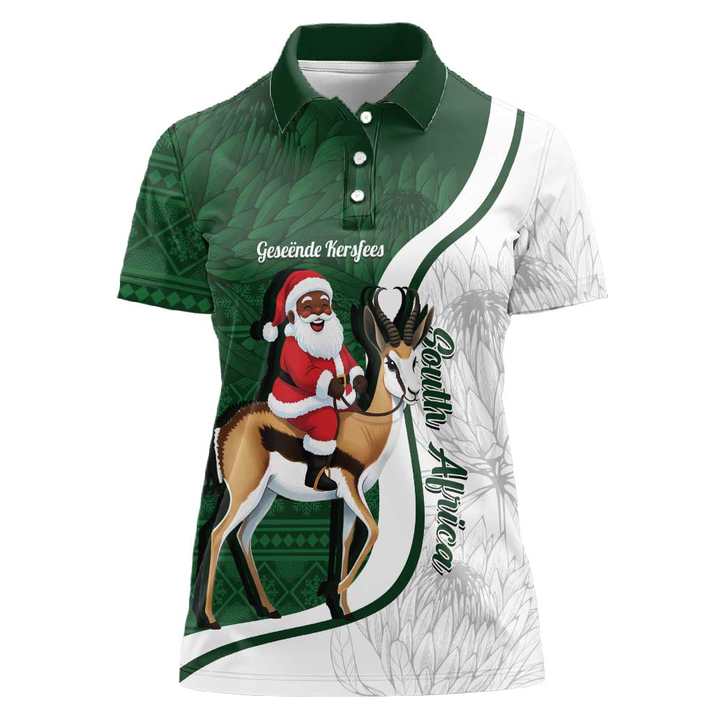 South Africa Christmas In July Women Polo Shirt Geseende Kersfees Springbok Black Santa
