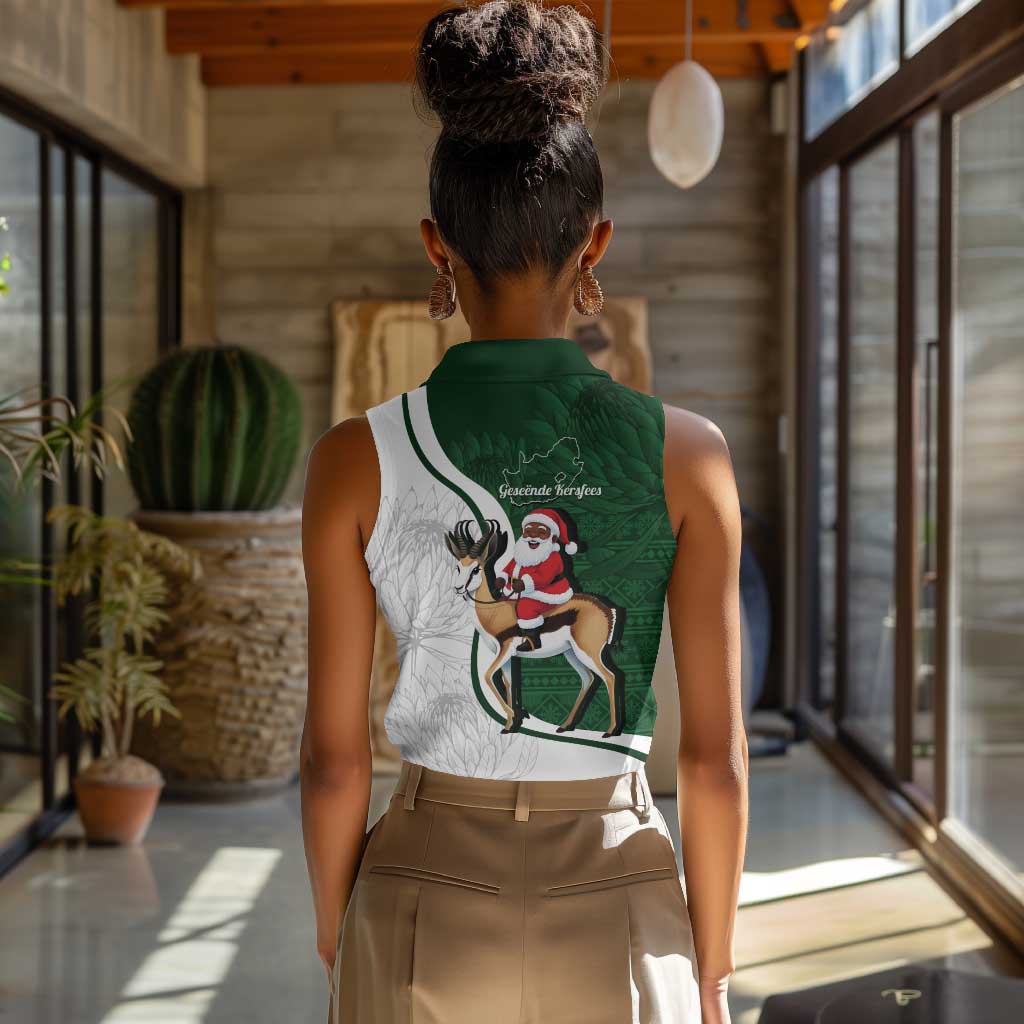 South Africa Christmas In July Women Sleeveless Polo Shirt Geseende Kersfees Springbok Black Santa