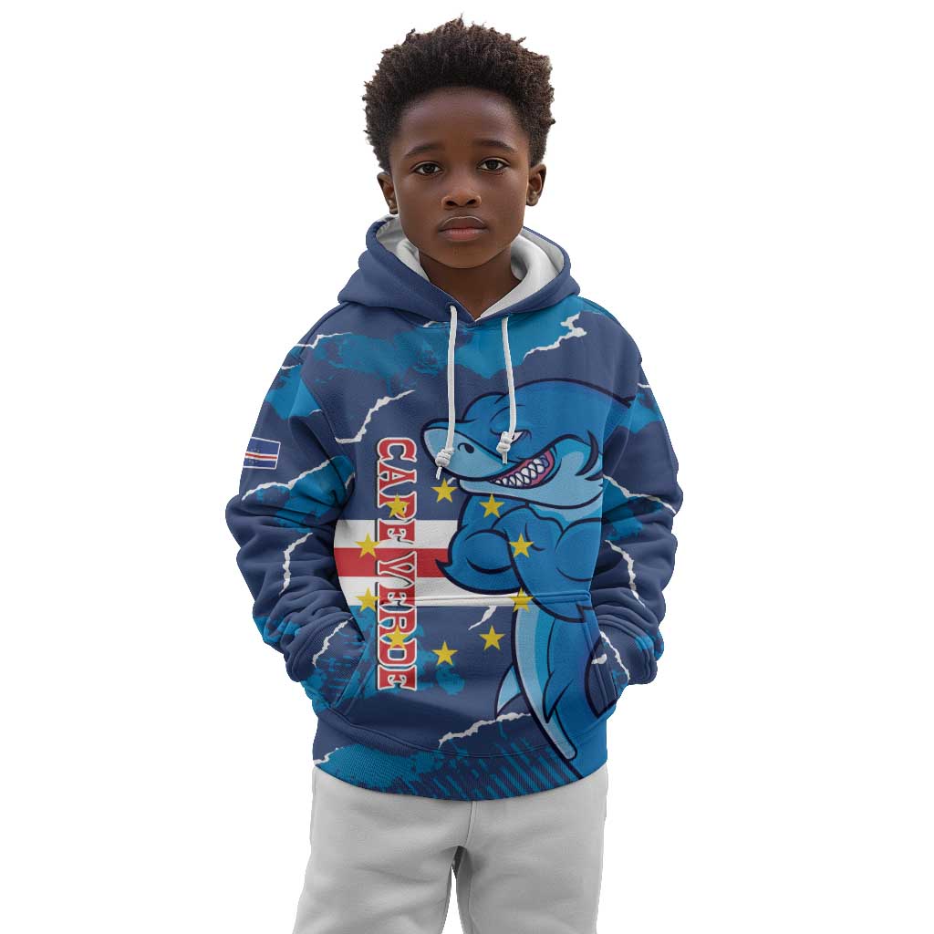 Custom Cape Verde Football Kid Hoodie Blue Sharks Mascot