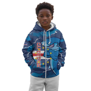 Custom Cape Verde Football Kid Hoodie Blue Sharks Mascot