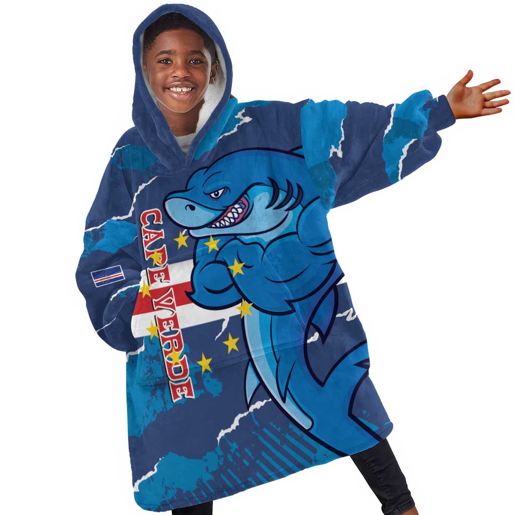 Custom Cape Verde Football Kid Wearable Blanket Hoodie Blue Sharks Mascot