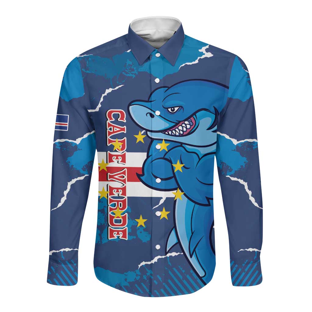 Custom Cape Verde Football Long Sleeve Button Shirt Blue Sharks Mascot