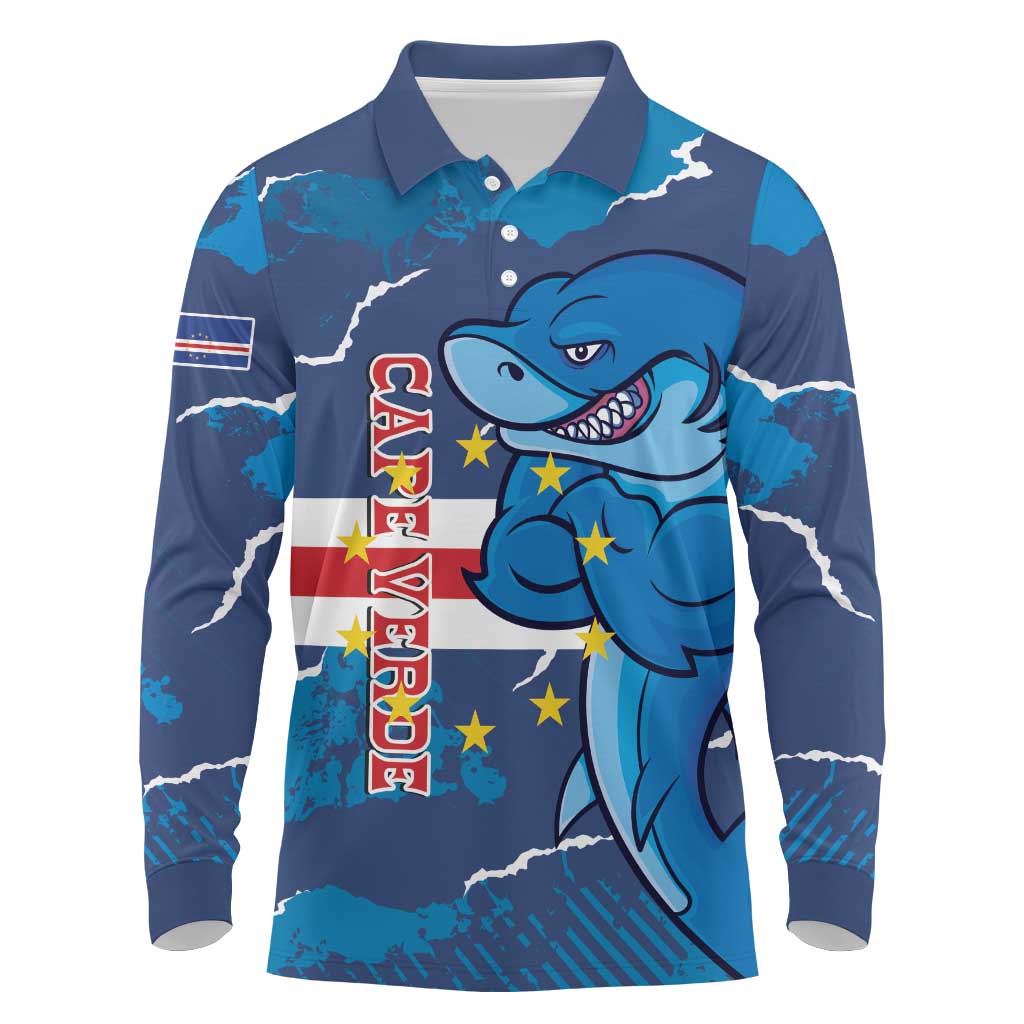 Custom Cape Verde Football Long Sleeve Polo Shirt Blue Sharks Mascot