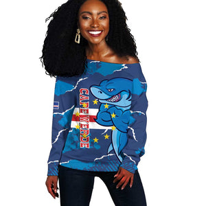 Custom Cape Verde Football Off Shoulder Sweater Blue Sharks Mascot