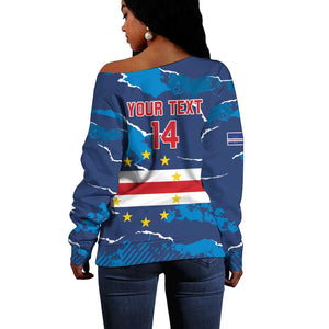 Custom Cape Verde Football Off Shoulder Sweater Blue Sharks Mascot