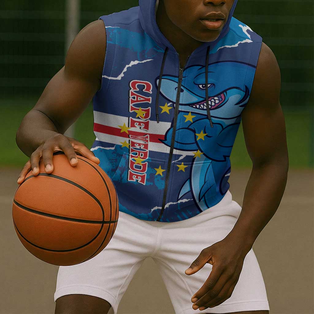 Custom Cape Verde Football Sleeveless Zip Hoodie Blue Sharks Mascot - African Pride