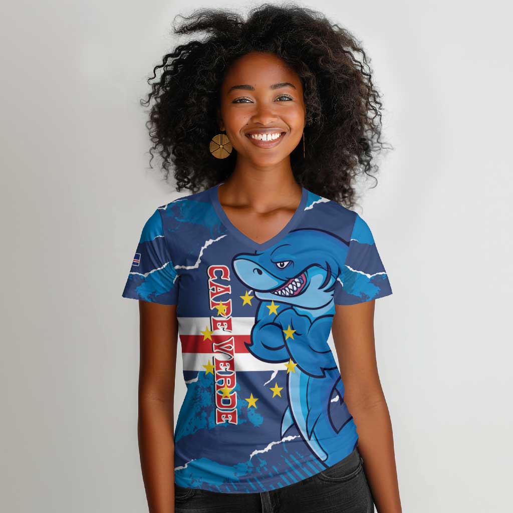 Custom Cape Verde Football Women V-Neck T-Shirt Blue Sharks Mascot