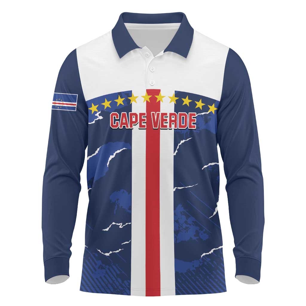 Custom Cape Verde Football Long Sleeve Polo Shirt Blue Sharks Sporty